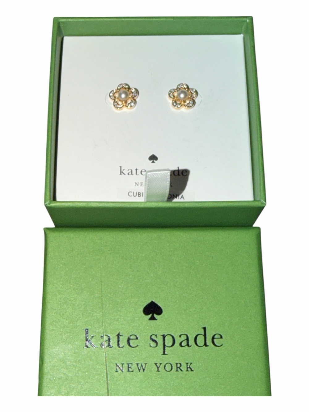 NIB Kate Spade You’re A Gem Pearl Flower Stud Earrings | CZ Pavé Gold Tone